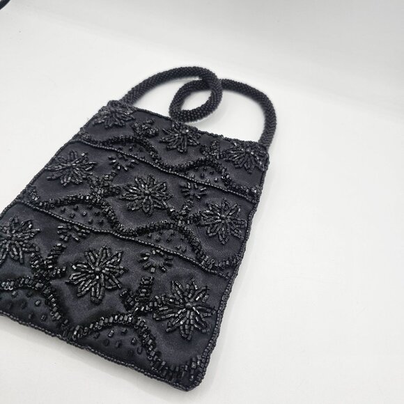 Handmade Black Beaded Embroidered Evening Bag With Snap Closure & Braided Strap - Picture 10 of 10